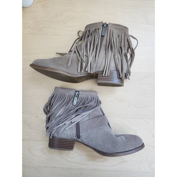 BCBG Generation Women's Size 6.5 Ankle Boots Zip Suede Tan Beige Fringe Booties - Picture 5 of 8